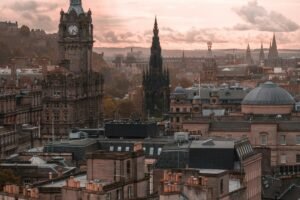 Edinburgh skyline with historic towers and layered rooftops