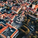 Aerial view of red roofs and church spires in Tallinn Old Town